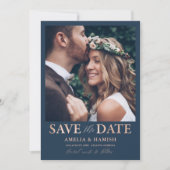 モダン ブルー＆ローズゴールドの結婚式延期通知 セーブザデート (正面)