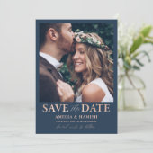 モダン ブルー＆ローズゴールドの結婚式延期通知 セーブザデート (スタンド正面)