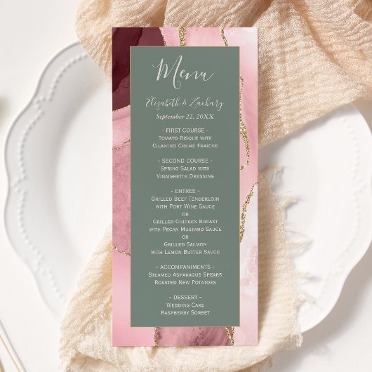 モダン　ブロッサムピンク　ゴールド　sage green アゲート 結婚式 メニュー