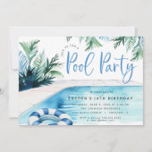 モダン プール 誕生日パーティー 青 白 夏 招待状 (正面)
