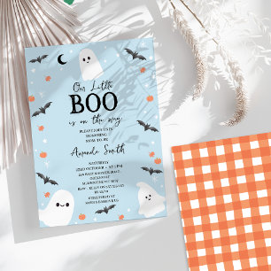 モダン ベイビーブルー ハロウィン リトル ブー ベイビー シャワー 招待状