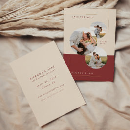 モダン ベージュ & バーガンディ インライン ウェディング フォト セーブザデート