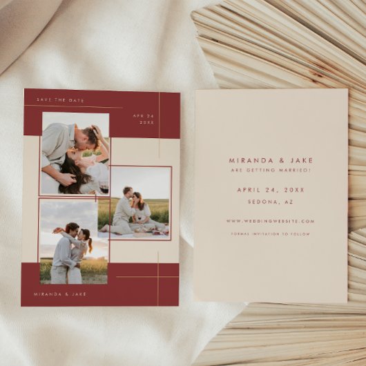 モダン ベージュ ワインレッド 幾何学 インライン 3 フォト セーブザデート