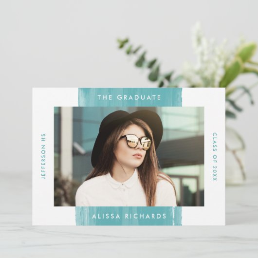 モダン ペイント ティール フォト 卒業パーティー 招待状 (スタンド正面)