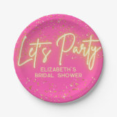 モダン ホットピンク ゴールド ネオン グローイング レッツパーティー ペーパープレート (正面)
