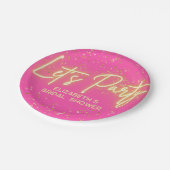 モダン ホットピンク ゴールド ネオン グローイング レッツパーティー ペーパープレート (アングル)