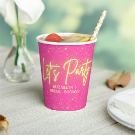 モダン ホットピンク ゴールド ネオン グローイング レッツパーティー 紙コップ