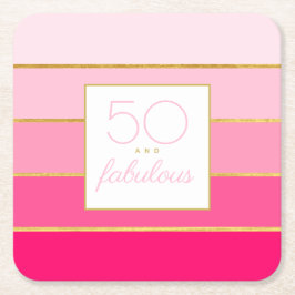 モダン ホットピンク ゴールド 50歳の誕生日 スクエアペーパーコースター
