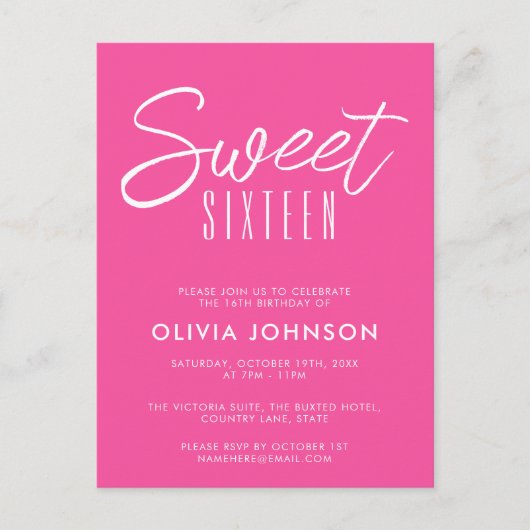 モダン ホットピンク スウィート シックスティーン 16歳の誕生日 ポストカード (正面)