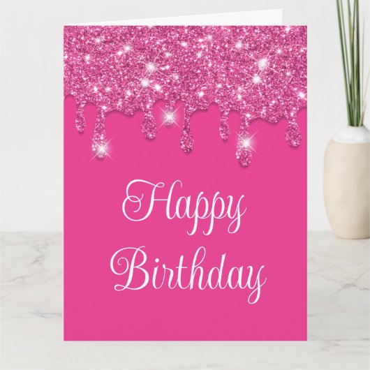 モダン ホット ピンク ドリップス グリッター ハッピー バースデー カード (正面)
