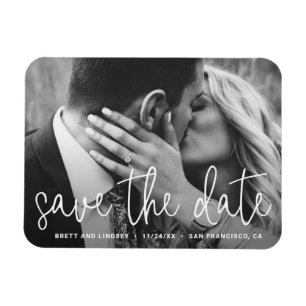 モダン ホワイト スクリプト タイポグラフィー 写真 Save the Date マグネット