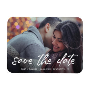 モダン ホワイト ブラシ スクリプト 写真 Save the Date マグネット