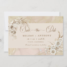 モダン ホワイト ボホ フラワー ウェディング セーブ ザ デート カード