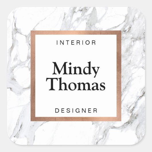 モダン ホワイト マーブル フェイク ローズ ゴールド フレーム スクエアシール (正面)