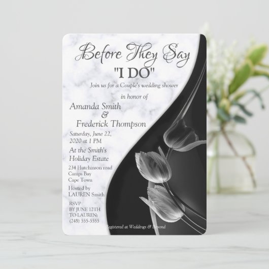 モダン ホワイト マーブル ブラック アブストラクト ウェディング シャワー 招待状 (スタンド正面)