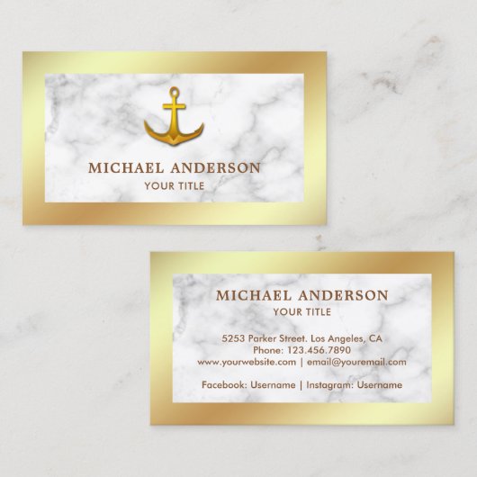 モダン ホワイト マーブル 偽ゴールド フォイル ネイビー アンカー 名刺 (正面/裏面)