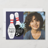 モダン ボウリング ブルー & レッド バースデーパーティー 招待状 (正面)