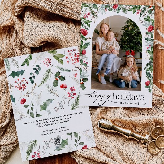 モダン ボタニカル アーチ ハッピー ホリデーズ 1 枚の写真 シーズンカード