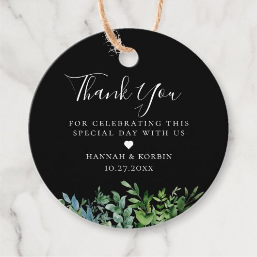 モダン ボタニカル グリーネリー ブラック ウェディング フェイバータグ (正面)