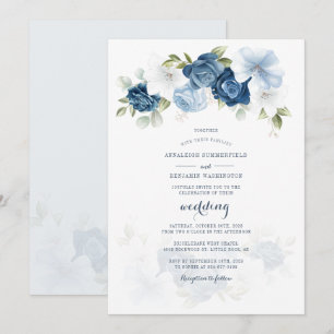 モダン ボタニカル ダスティーブルー フローラル スクリプト ウェディング 招待状
