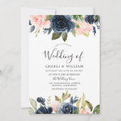 モダン ボタニカル ブッシュ & ネイビー フラワー ウェディング 招待状 (正面)