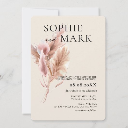 モダン・ボヘミアン・マーブピンクのパンパスグラス ウェディング 招待状 (正面)