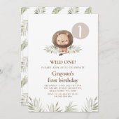 モダン ボーイズ ワイルド ワン ライオン フォリアージュ 1歳の誕生日 招待状 (正面/裏面)