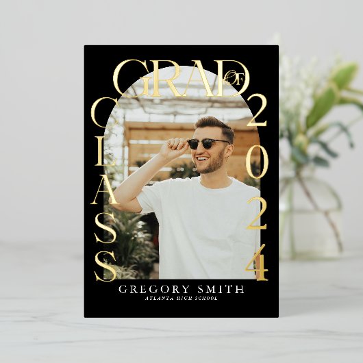 モダン ボーホー アーチ フォト 卒業おめでとう 箔招待状 (立ち正面)