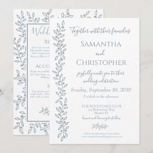 モダン ボーホー ダスティーブルー ボタニカル ミニマル ウェディング 招待状 (正面/裏面)