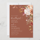 モダン ボーホー テラコッタ 焼きオレンジ フラワー ウェディング 招待状 (正面)