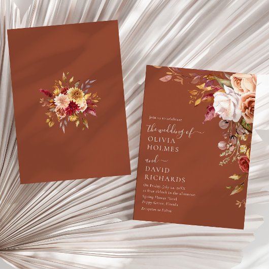 モダン ボーホー テラコッタ 焼きオレンジ フラワー ウェディング 招待状