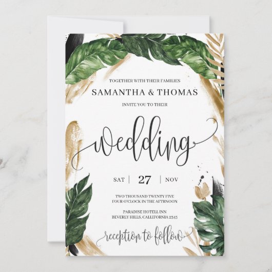 モダン ボーホー トロピカル グリーン 葉 ゴールド ウェディング 招待状 (正面)