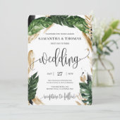 モダン ボーホー トロピカル グリーン 葉 ゴールド ウェディング 招待状 (スタンド正面)