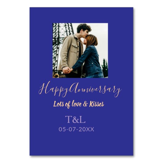 モダン ボーホー ハッピーアニバーサリー 名前を入れて 青 オレンジ テーブルナンバー (正面)