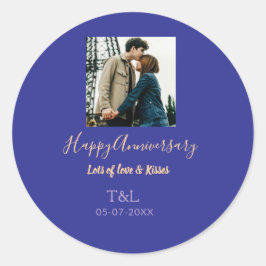 モダン ボーホー ハッピーアニバーサリー 名前を入れて 青 オレンジ ラウンドシール