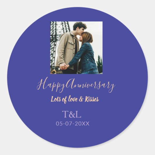 モダン ボーホー ハッピーアニバーサリー 名前を入れて 青 オレンジ ラウンドシール (正面)