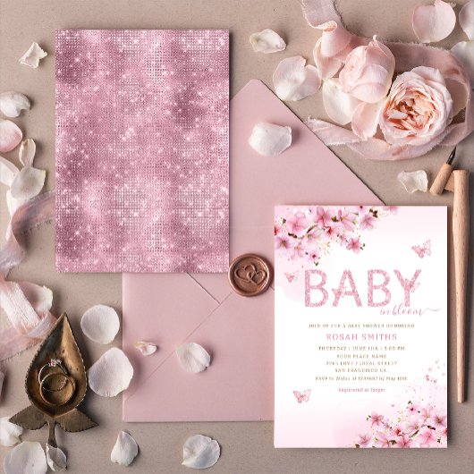 モダン ボーホー ピンク フラワー バタフライ ガール ベビー シャワー 招待状