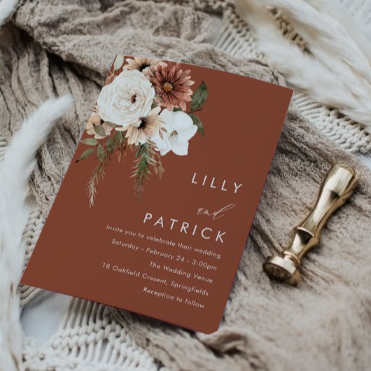 モダン ボーホー フラワーズ テラコッタ ウェディング 招待状
