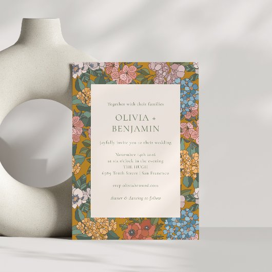 モダン ボーホー フラワー マスタード イエロー アーシー ウェディング 招待状