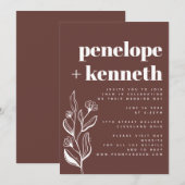 モダン ボーホー フラワー ミニマル ブラウン ウェディング 招待状 (正面/裏面)