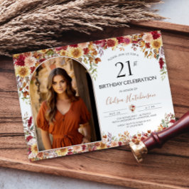 モダン ボーホー フラワー 21歳の誕生日写真 招待状