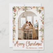 モダン ボーホー フローラル アーチ メリークリスマス 1枚の写真 招待状 (正面)