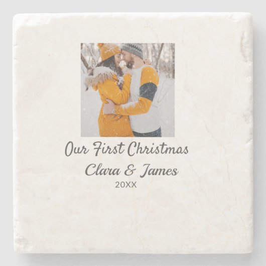 モダン ボーホー 私たちの初めてのクリスマス フォト カップル名 ストーンコースター (正面)