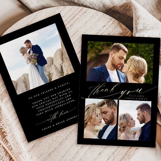 モダン ボーホ カリグラフィー 4 枚の写真 ウェディング サンクスカード 箔招待状