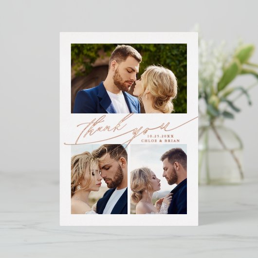 モダン ボーホ カリグラフィー 4 枚の写真 ウェディング サンクスカード 箔招待状 (立ち正面)