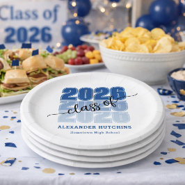 モダン ボールド クラス 2026 ネイビーブルー 卒業パーティー ペーパープレート