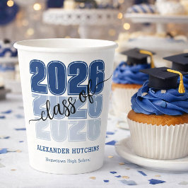 モダン ボールド クラス 2026 ネイビーブルー 卒業パーティー 紙コップ