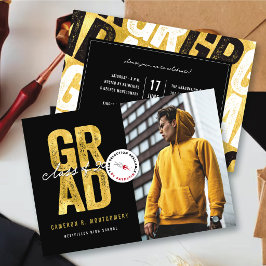 モダン ボールド ゴールド GRAD スタイリッシュ フォト 卒業 案内状