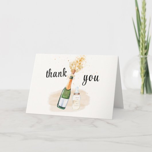 モダン ポップインボトル シャンパン ベイビー シャワーパーティー サンキューカード (正面)