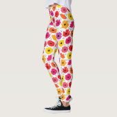モダン ポピー ピンク レッド オレンジ フローラル ドット パターン レギンス (左)